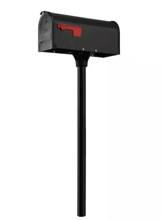 Black metal mailbox with metal post